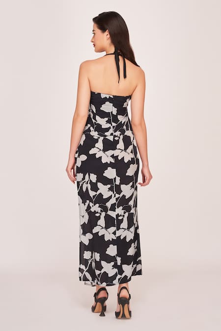 Shop House Of Varada Black Crepe Halter Neck Musk Rose Print Dress at Aza Fashions Shop_House Of Varada_Black Crepe Halter Neck Musk Rose Print Dress _at_Aza_Fashions