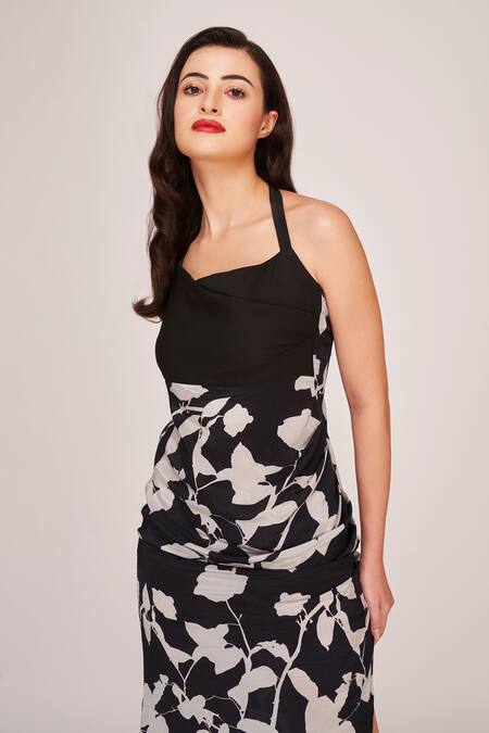 House Of Varada Black Crepe Halter Neck Musk Rose Print Dress at Aza Fashions House Of Varada_Black Crepe Halter Neck Musk Rose Print Dress _at_Aza_Fashions