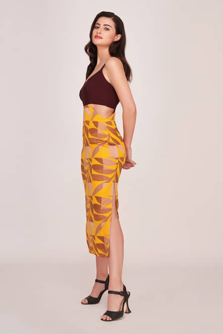 House Of Varada_Yellow Satin Sweetheart Neck Foliage Mosaic Print Side Cut Out Dress _Online_at_Aza_Fashions