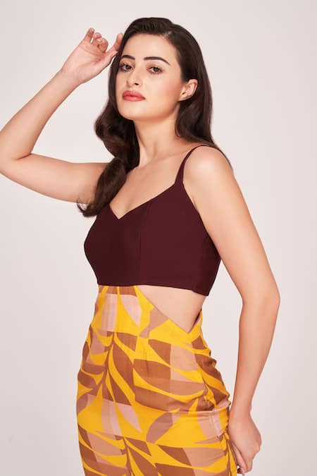 Shop_House Of Varada_Yellow Satin Sweetheart Neck Foliage Mosaic Print Side Cut Out Dress _Online_at_Aza_Fashions