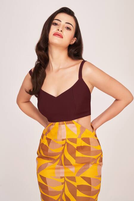 House Of Varada_Yellow Satin Sweetheart Neck Foliage Mosaic Print Side Cut Out Dress _at_Aza_Fashions