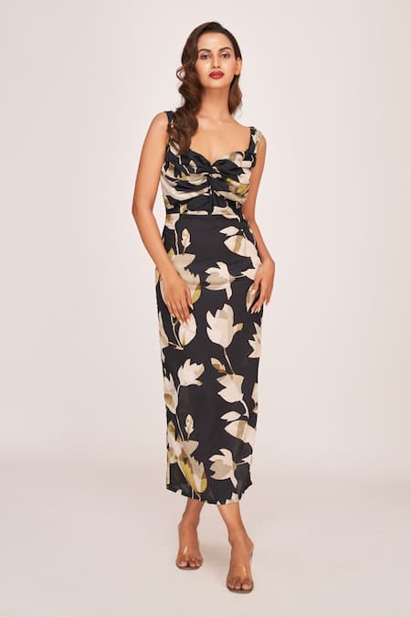 House of Varada Black Satin Print Edelweiss Fleur Sweetheart Neck Dress 