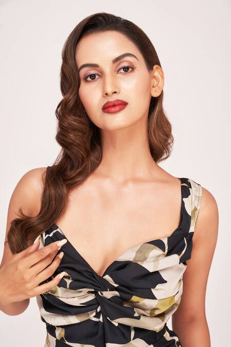 Buy House Of Varada Black Satin Sweetheart Neck Edelweiss Fleur Print Dress Buy_House Of Varada_Black Satin Sweetheart Neck Edelweiss Fleur Print Dress