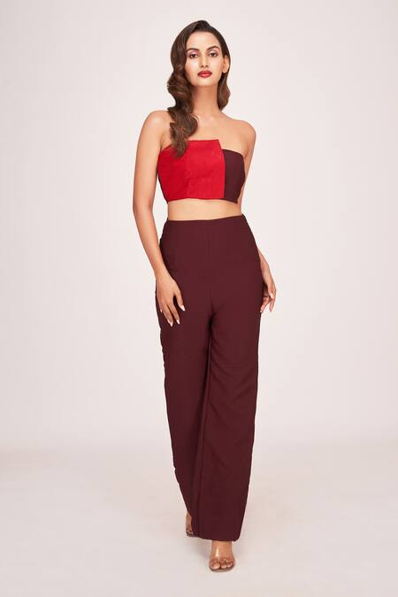 House Of Varada_Brown Crepe Off-shoulder Color Block Crop Tube Top With Trouser _Online_at_Aza_Fashions