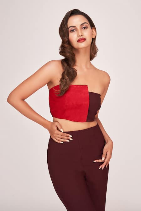 Shop_House Of Varada_Brown Crepe Off-shoulder Color Block Crop Tube Top With Trouser _Online_at_Aza_Fashions