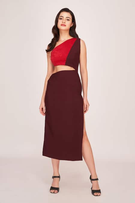 House Of Varada Brown Crepe One Shoulder Color Block Waist Cut Out Midi Dress Online at Aza Fashions House Of Varada_Brown Crepe One Shoulder Color Block Waist Cut Out Midi Dress _Online_at_Aza_Fashions