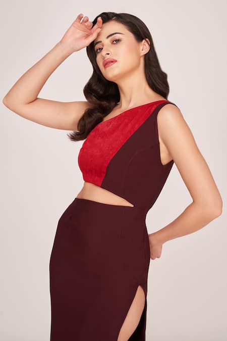 Shop House Of Varada Brown Crepe One Shoulder Color Block Waist Cut Out Midi Dress Online at Aza Fashions Shop_House Of Varada_Brown Crepe One Shoulder Color Block Waist Cut Out Midi Dress _Online_at_Aza_Fashions