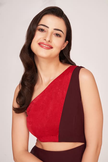 House Of Varada Brown Crepe One Shoulder Color Block Waist Cut Out Midi Dress at Aza Fashions House Of Varada_Brown Crepe One Shoulder Color Block Waist Cut Out Midi Dress _at_Aza_Fashions