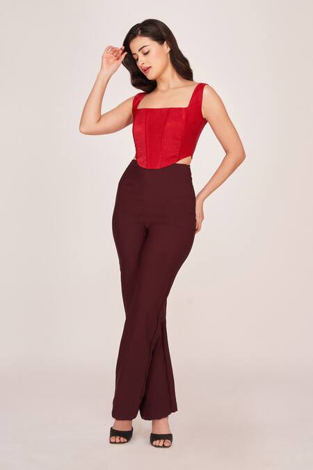 Buy_House Of Varada_Brown Crepe Square Neck Panelled Corset With Trouser _Online_at_Aza_Fashions