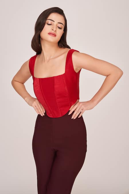 Shop_House Of Varada_Brown Crepe Square Neck Panelled Corset With Trouser _Online_at_Aza_Fashions