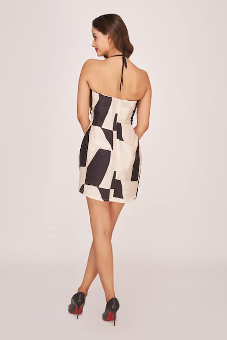 Shop House Of Varada Black Silk Halter Neck Edgy Checker Print Waist Cut Out Dress at Aza Fashions Shop_House Of Varada_Black Silk Halter Neck Edgy Checker Print Waist Cut Out Dress _at_Aza_Fashions