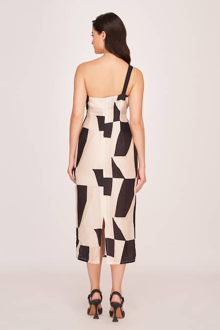 Shop House Of Varada Black Silk One Shoulder Mosaic Print Midi Dress at Aza Fashions Shop_House Of Varada_Black Silk One Shoulder Mosaic Print Midi Dress _at_Aza_Fashions