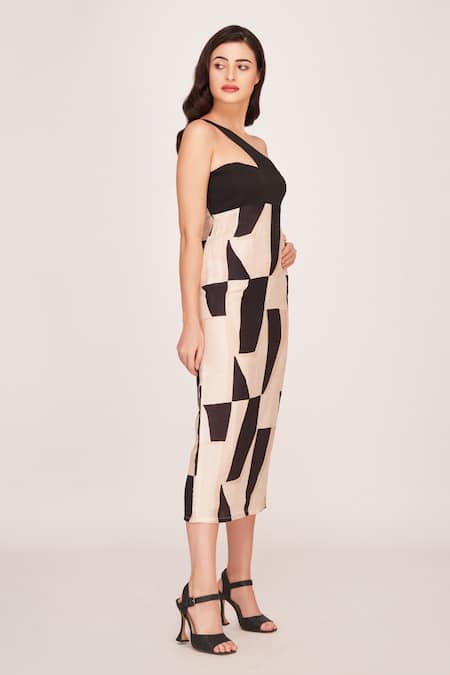 House Of Varada Black Silk One Shoulder Mosaic Print Midi Dress Online at Aza Fashions House Of Varada_Black Silk One Shoulder Mosaic Print Midi Dress _Online_at_Aza_Fashions
