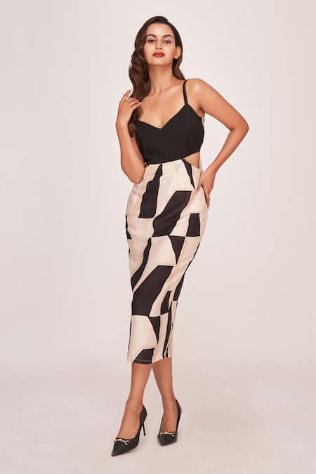 House of Varada Geometric Dribble Print Side Cut Out Midi Dress 