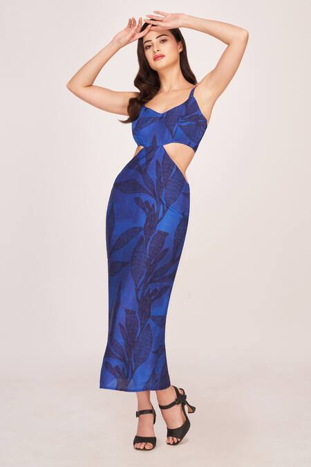 Buy House Of Varada Blue Silk Sweetheart Neck Dainty Fern Print Side Cut Out Midi Dress Online at Aza Fashions Buy_House Of Varada_Blue Silk Sweetheart Neck Dainty Fern Print Side Cut Out Midi Dress _Online_at_Aza_Fashions