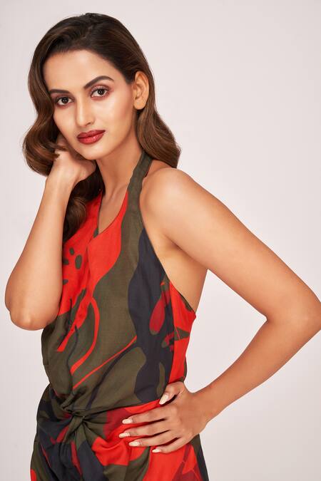 House Of Varada_Green Satin Halter Neck Bougainvillea Print Maxi Dress _at_Aza_Fashions