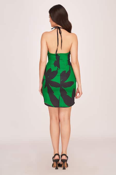 Shop House Of Varada Green Satin Halter Neck Dainty Ivy Bloom Print Dress at Aza Fashions Shop_House Of Varada_Green Satin Halter Neck Dainty Ivy Bloom Print Dress _at_Aza_Fashions