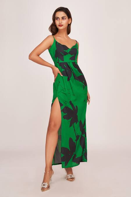 Buy House Of Varada Green Satin Sweetheart Neck Star Jasmine Print Thigh Slit Maxi Dress Online at Aza Fashions Buy_House Of Varada_Green Satin Sweetheart Neck Star Jasmine Print Thigh Slit Maxi Dress _Online_at_Aza_Fashions
