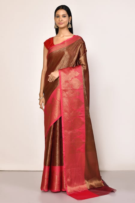 Nazaakat by Samara Singh Maroon Saree Banarasi Cotton Silk Woven Liberty And With Running Blouse Piece