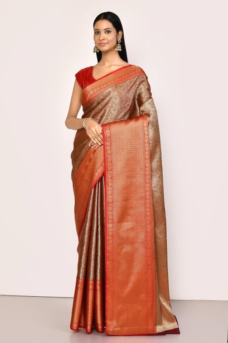 Nazaakat by Samara Singh Brown Saree Banarasi Tissue Silk Woven Paisley And With Running Blouse Piece