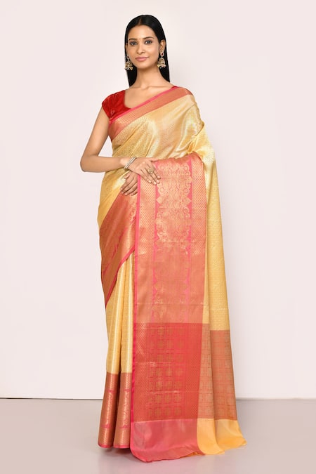 Nazaakat by Samara Singh Yellow Saree Banarasi Tissue Silk Woven Mughal And With Running Blouse Piece