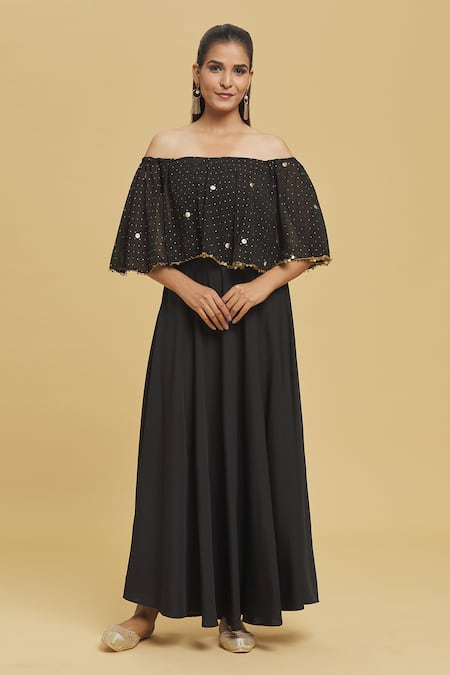 Adara Khan Black Crepe Printed Foil Off Shoulder Dress