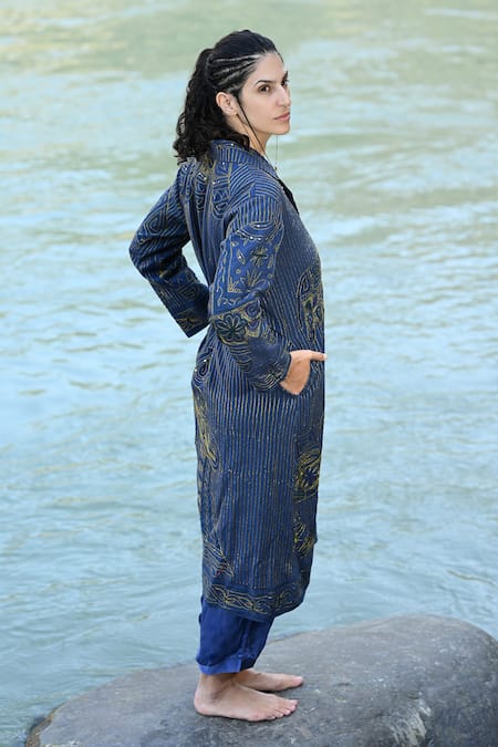 RAAS LIFE_Blue Cotton Embroidery Leela Ben Zari Trench Coat _Online_at_Aza_Fashions