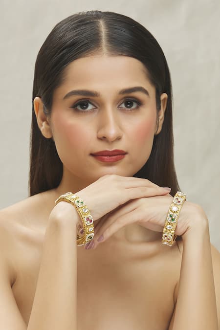 Vivinia By Vidhi Mehra Gold Plated Smocking Stone Embellished Temple Bangles - Set Of 2 Online at Aza Fashions Vivinia By Vidhi Mehra_Gold Plated Smocking Stone Embellished Temple Bangles - Set Of 2 _Online_at_Aza_Fashions