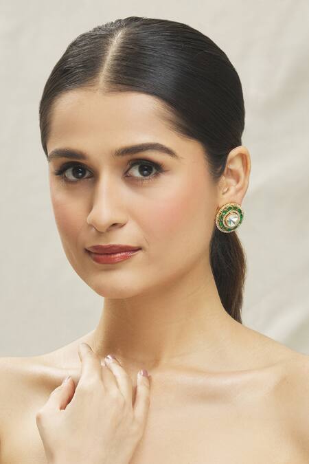 Vivinia By Vidhi Mehra_Green Stones Embellished Circular Stud Earrings _at_Aza_Fashions
