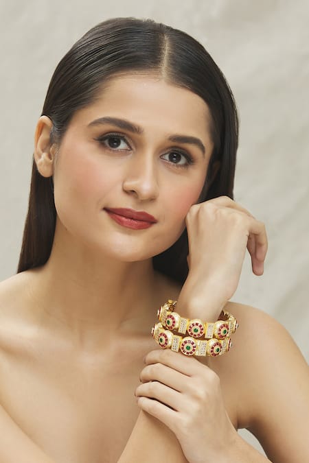 Buy_Vivinia By Vidhi Mehra_Gold Plated Smocking Stones Embellished Bangles - Set Of 2 _Online_at_Aza_Fashions