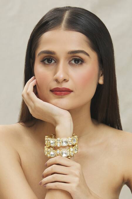Vivinia By Vidhi Mehra_Gold Plated Stones Polki Embellished Bangles- Set Of 2 _at_Aza_Fashions