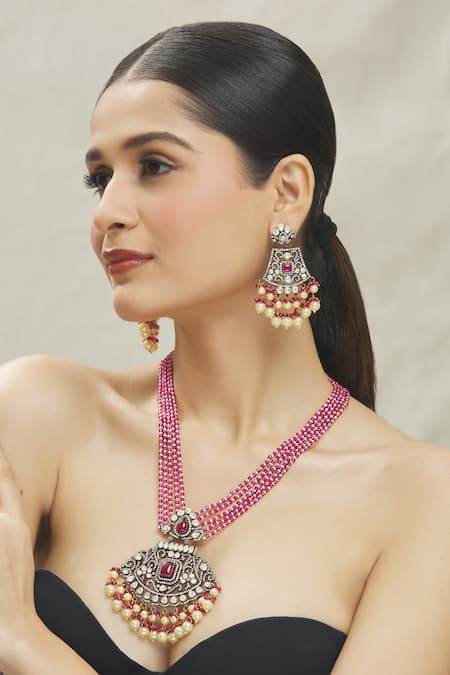 Vivinia By Vidhi Mehra Pink Diamonds, Stones Kundan Embellished Pendant Necklace Set
