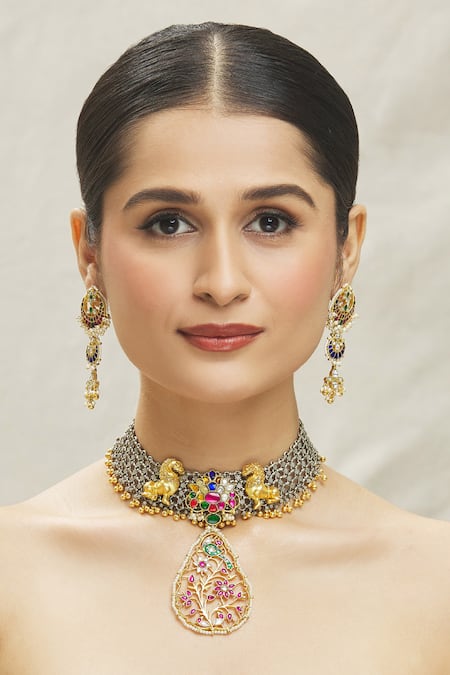 Vivinia By Vidhi Mehra_Multi Color Crystals Semi Precious Stone Embellished Choker Set _at_Aza_Fashions