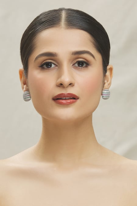 Vivinia By Vidhi Mehra_White Zari Zircon Embellished Round Stud Earrings _Online_at_Aza_Fashions