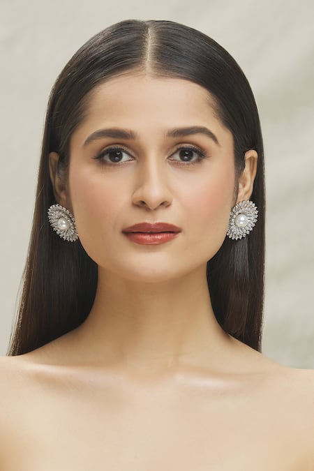 Buy_Vivinia By Vidhi Mehra_White Pearls, Zari Floral Zircon Diamond Embellished Stud Earrings _Online_at_Aza_Fashions
