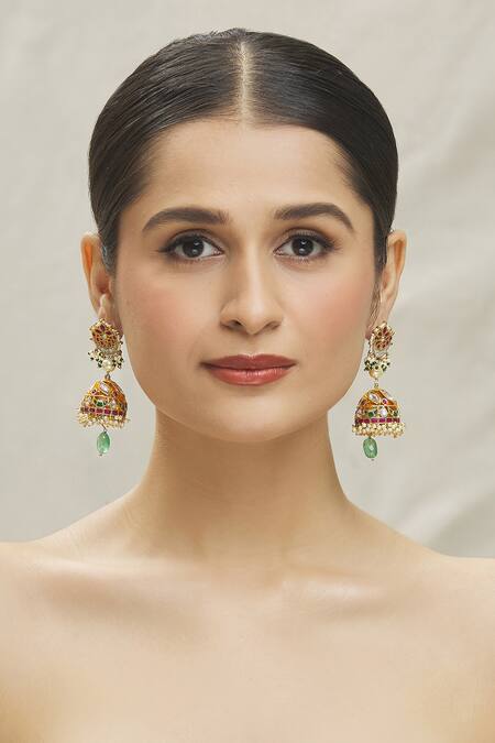 Vivinia By Vidhi Mehra Multi Color Pearls, Piping, Stones Floral Kundan Studded Jhumkas Online at Aza Fashions Vivinia By Vidhi Mehra_Multi Color Pearls, Piping, Stones Floral Kundan Studded Jhumkas _Online_at_Aza_Fashions