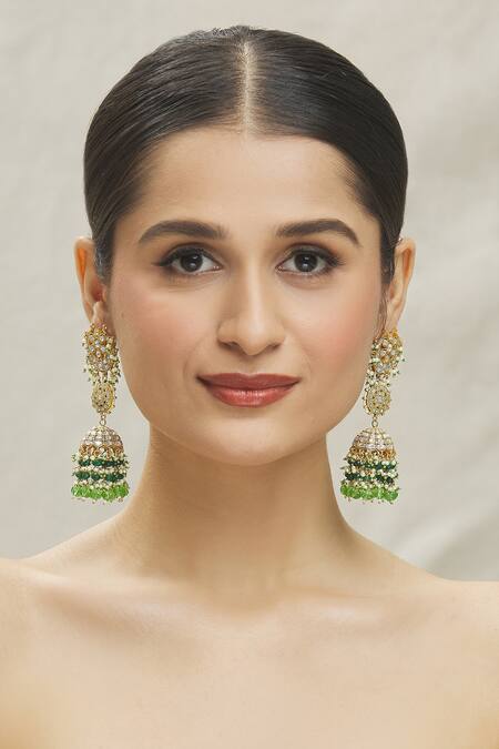 Vivinia By Vidhi Mehra Green Kundan Studded Half Moon Jhoomar Jhumkas Online at Aza Fashions Vivinia By Vidhi Mehra_Green Kundan Studded Half Moon Jhoomar Jhumkas _Online_at_Aza_Fashions