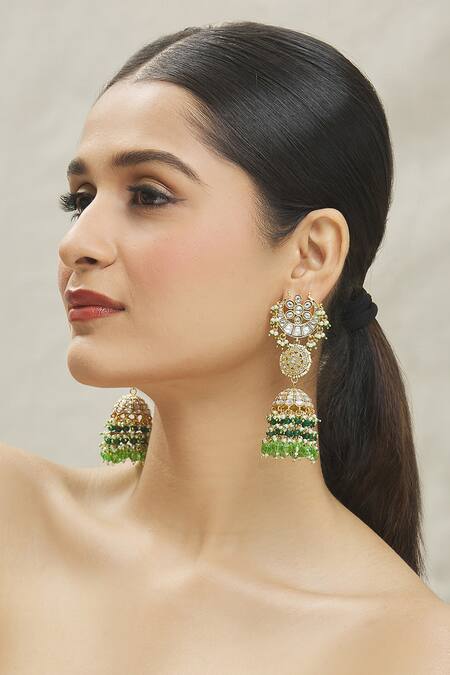 Vivinia By Vidhi Mehra Green Kundan Studded Half Moon Jhoomar Jhumkas at Aza Fashions Vivinia By Vidhi Mehra_Green Kundan Studded Half Moon Jhoomar Jhumkas _at_Aza_Fashions