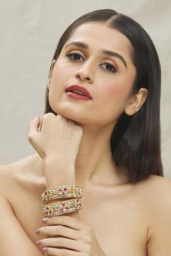 Buy Vivinia By Vidhi Mehra Gold Plated Semi-precious Stones, Kundan Polki Embellished Bangles - Set Of 2 Online at Aza Fashions Buy_Vivinia By Vidhi Mehra_Gold Plated Semi-precious Stones, Kundan Polki Embellished Bangles - Set Of 2 _Online_at_Aza_Fashions
