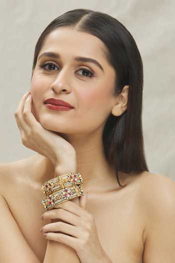 Vivinia By Vidhi Mehra Gold Plated Semi-precious Stones, Kundan Polki Embellished Bangles - Set Of 2 at Aza Fashions Vivinia By Vidhi Mehra_Gold Plated Semi-precious Stones, Kundan Polki Embellished Bangles - Set Of 2 _at_Aza_Fashions