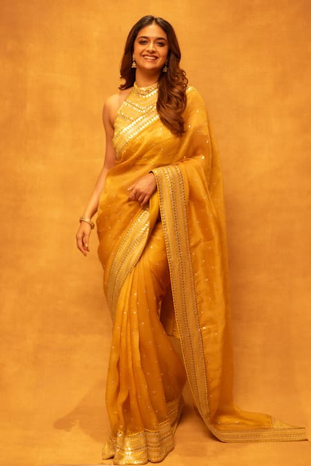 PRIYAL PRAKASH Yellow Saree Silk Organza Embroidery Aari Halter Sequin With Blouse For Women