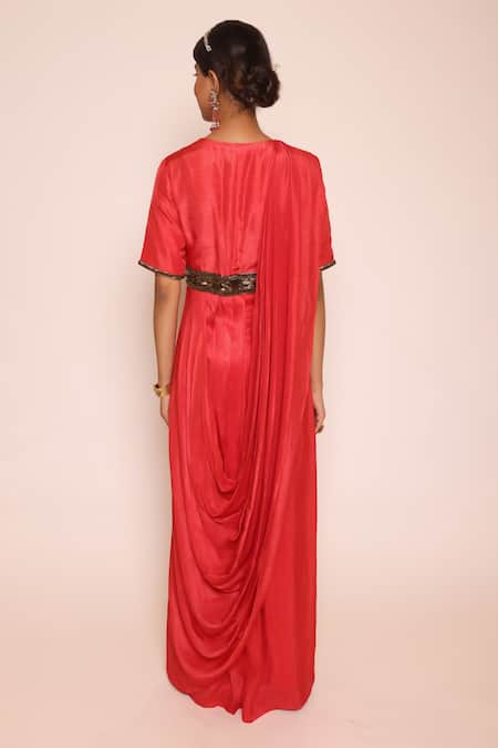 Abstract By Megha Jain Madaan Red Embellished Floor Length Concept Saree 