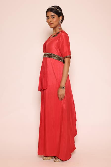 Shop_Abstract By Megha Jain Madaan_Red Silk, Cotton, Jersey Sequins Embellished Floor Length Concept Saree _Online_at_Aza_Fashions