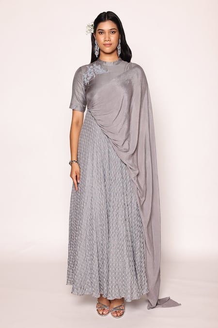 Abstract By Megha Jain Madaan Grey Jacquard, Lurex, Cotton Sequins, Beads Draped Floral Embroidered Dress Online at Aza Fashions Abstract By Megha Jain Madaan_Grey Jacquard, Lurex, Cotton Sequins, Beads Draped Floral Embroidered Dress _Online_at_Aza_Fashions