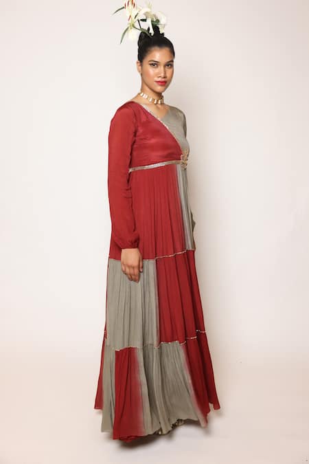 Shop_Abstract By Megha Jain Madaan_Maroon Chiffon, Cotton 3d Floral Embellished Color Blocked Tiered Maxi Dress _Online_at_Aza_Fashions