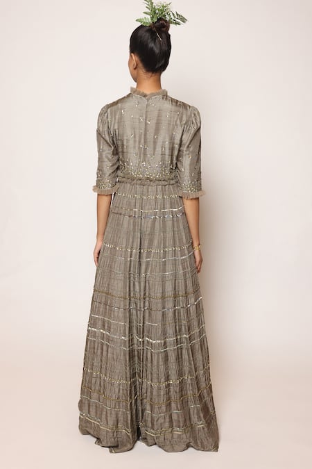 Abstract By Megha Jain Madaan Grey Silk, Cotton Sequins, Beads Round Holographic And Embroidered Maxi Dress Online at Aza Fashions Abstract By Megha Jain Madaan_Grey Silk, Cotton Sequins, Beads Round Holographic And Embroidered Maxi Dress _Online_at_Aza_Fashions
