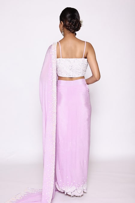 Abstract By Megha Jain Madaan Purple Chiffon, Cotton, Jersey Beads, Embellished Pre-draped Saree With Blouse Online at Aza Fashions Abstract By Megha Jain Madaan_Purple Chiffon, Cotton, Jersey Beads, Embellished Pre-draped Saree With Blouse _Online_at_Aza_Fashions