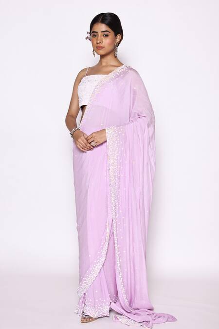 Shop Abstract By Megha Jain Madaan Purple Chiffon, Cotton, Jersey Beads, Embellished Pre-draped Saree With Blouse Online at Aza Fashions Shop_Abstract By Megha Jain Madaan_Purple Chiffon, Cotton, Jersey Beads, Embellished Pre-draped Saree With Blouse _Online_at_Aza_Fashions