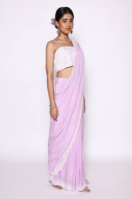 Abstract By Megha Jain Madaan Purple Chiffon, Cotton, Jersey Beads, Embellished Pre-draped Saree With Blouse at Aza Fashions Abstract By Megha Jain Madaan_Purple Chiffon, Cotton, Jersey Beads, Embellished Pre-draped Saree With Blouse _at_Aza_Fashions