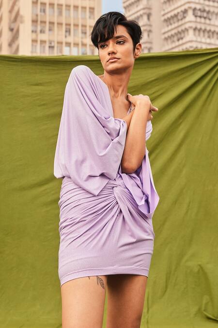 Kangana Trehan Purple Jersey Plunge Neck Val Front Knotted Draped Dress Online at Aza Fashions Kangana Trehan_Purple Jersey Plunge Neck Val Front Knotted Draped Dress _Online_at_Aza_Fashions